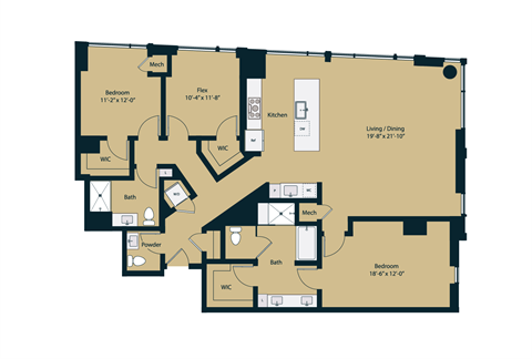 Floor plan for 2 beds, 2.5 baths, 1817 sqft